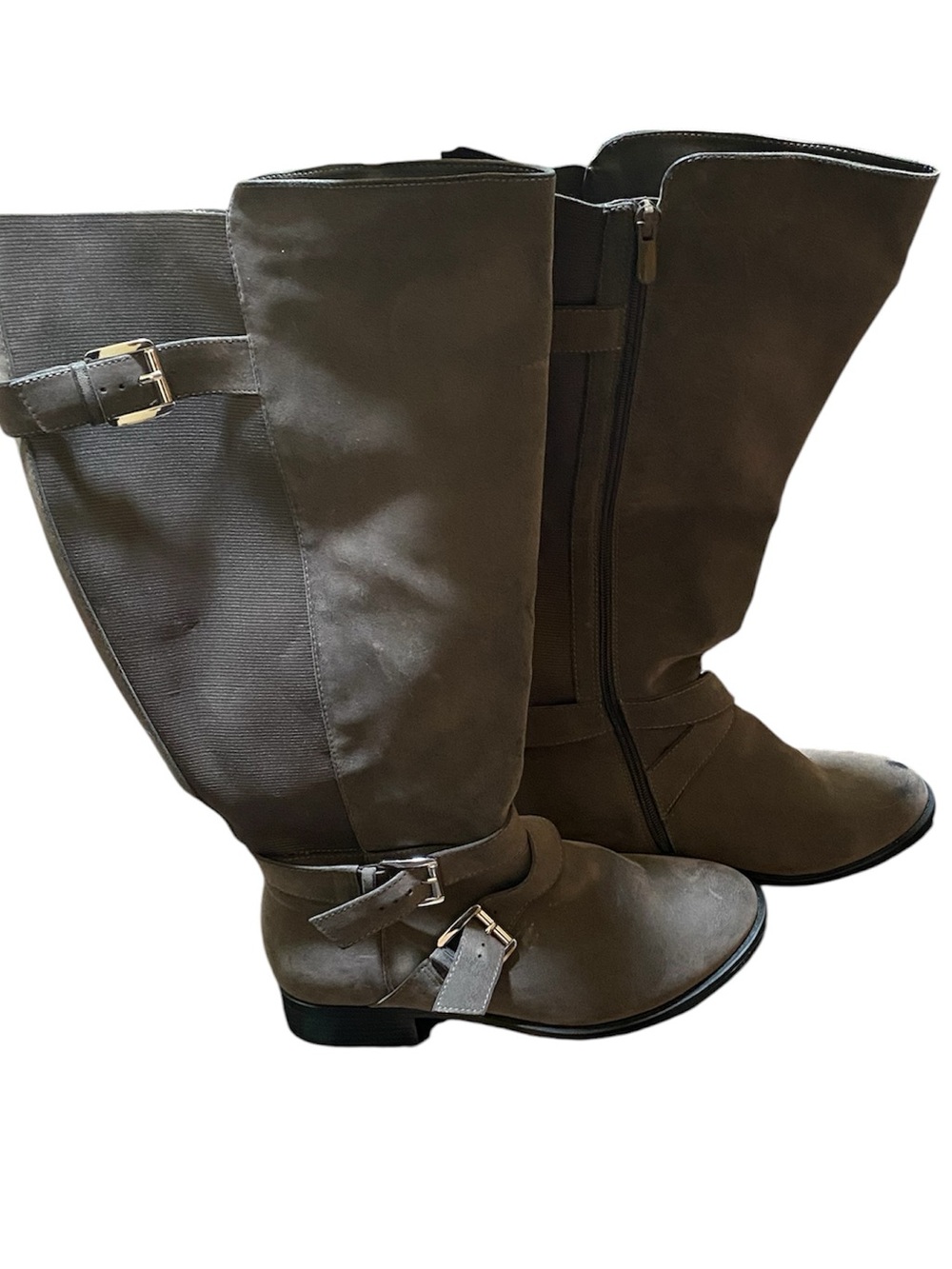 Torrid Grey Faux Oiled Suede Knee High Boots Wide Calf Buckle Size 10 WW